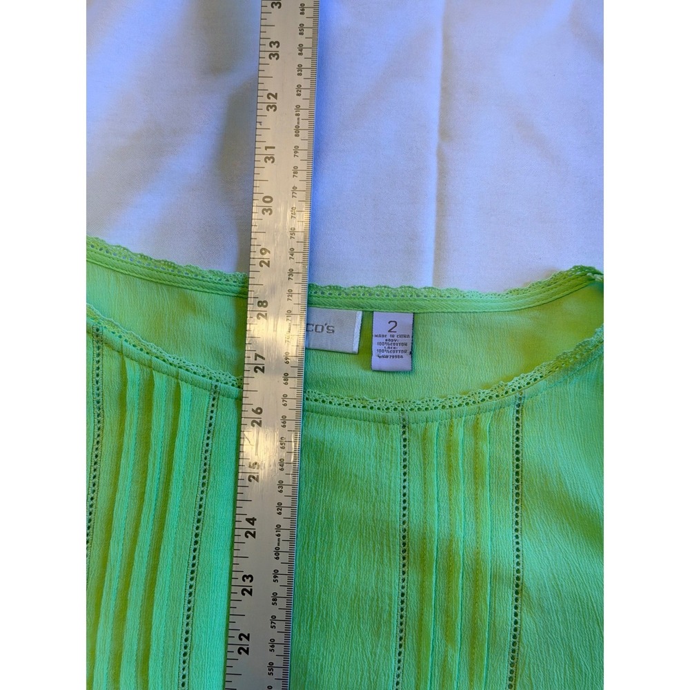 Chicos Lime Green Cotton Lace Trim Blouse Pintuck 3/4 Sleeve Top Size 2 L Large - Picture 5 of 7
